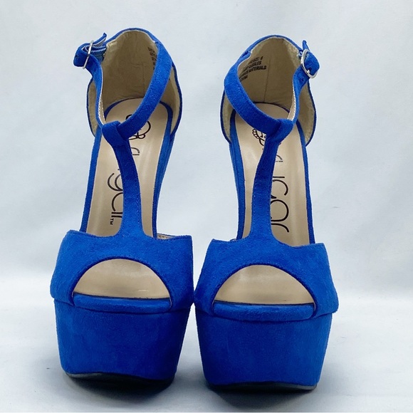 Sugar Cobalt Blue Giggles Faux Suede High Heels T-Strap 6 - Picture 7 of 9